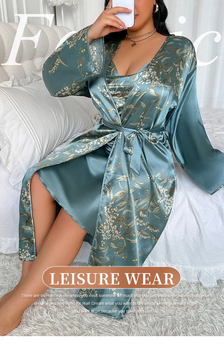 Summer New Women 2PCS Robe Set Nightgown Print Flower Kimono Bathrobe Gown Plus Size Silk Satin Sleepwear Loungewear Home Dress