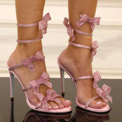 Luxury Rhinestones Mesh Bowknot Snake Coiled Women Gladiator Sandals Sexy Narrow band Thin High heels Summer Wedding Party Shoes