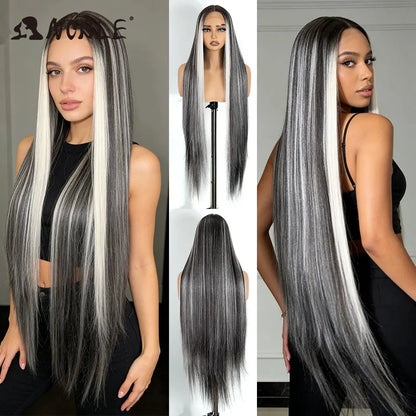 Noble 38 Inch Extra Long Straight Synthetic Lace Front Wig Skunk Stripe Grey White Ombre Glueless Heat Resistant Wig For Women