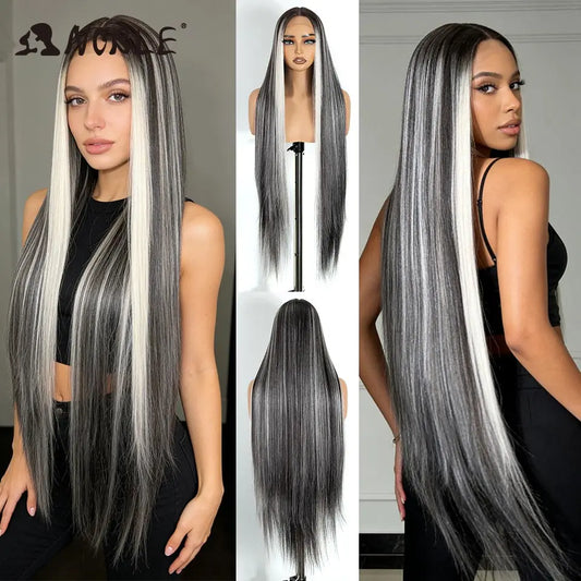 Noble 38 Inch Extra Long Straight Synthetic Lace Front Wig Skunk Stripe Grey White Ombre Glueless Heat Resistant Wig For Women