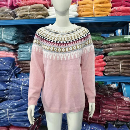 2025 Spring Knitted Women Sweater Print O-neck Long Sleeve Casual Loose Sweaters Female Winter Elegant Trendy Ladies Clothes