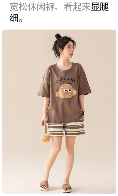 100% Pure Cotton Women Pajamas Summer Cartoon Print Pijamas Girls Nightwear Homewear Short Sleeve Sleepwear O-neck Loungewear