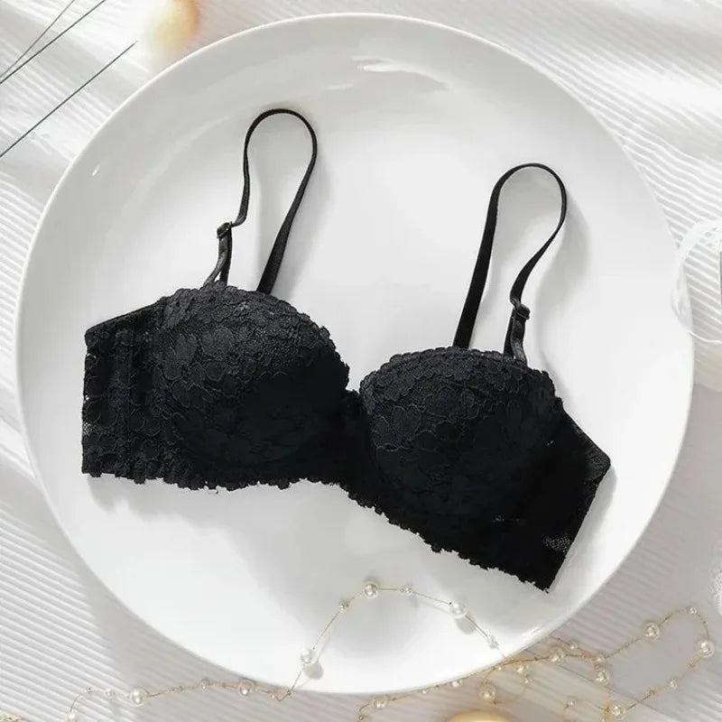 Thickened Underwear Women's Small Breasts Gather Together with Steel Rings Shaped Upper Support A Cup Flat Bra Double Bralette