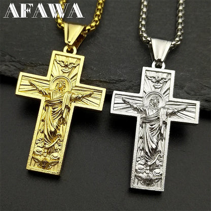 Stainless Steel Cross Jesus Pendant Necklace for Women Men Gold Color Chain Religious Crucifix Necklaces Amulet Jewelry Gift