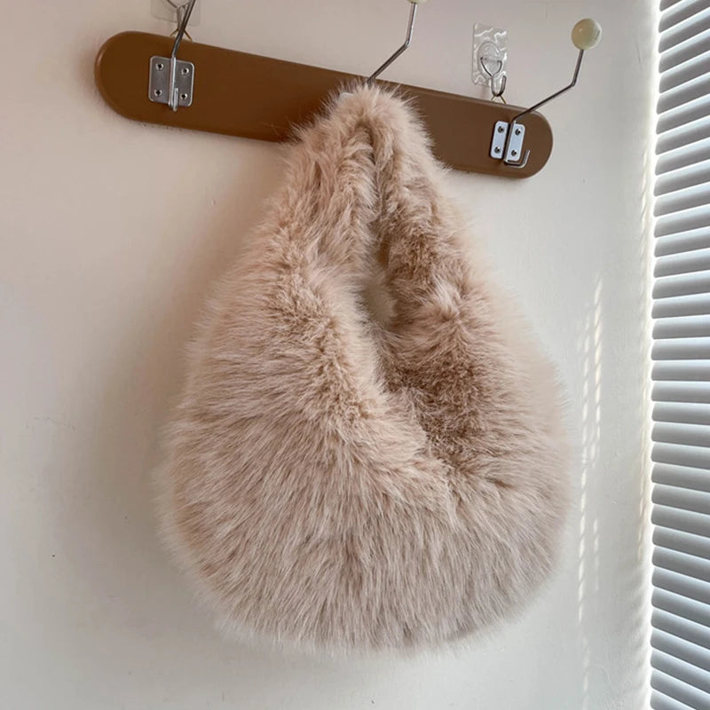 Winter Shoulder Bags Casual Furry for Women Solid Color Soft Plush Ladies Clutch Purse Handbags Lightweight Female Hobos Bag