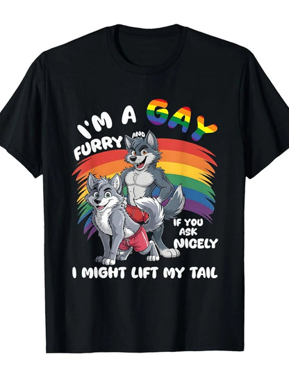 Men's Women's Fun Gay Furry Pride Month T-Shirt Rainbow Fox and Dog Pattern " I Am Gay" Streetwear LGBTQ Pride Tshirts Gifts
