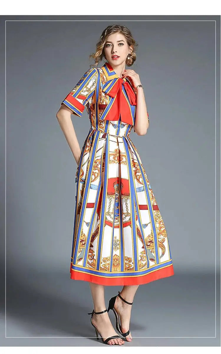 Women's Orange Striped Short Sleeves Vintage Belt Bow Tie Collar Shirt Dress Summer Runway Chain Printing Casual Midi Vestidos