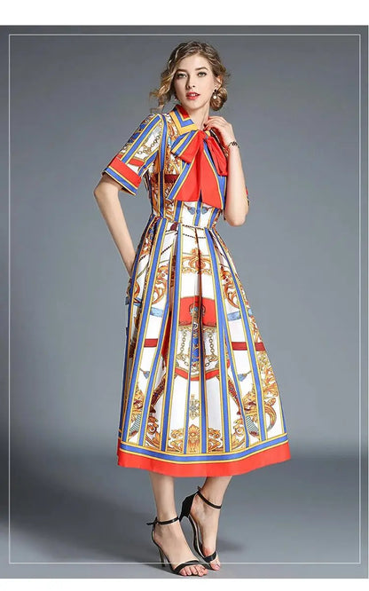Women's Orange Striped Short Sleeves Vintage Belt Bow Tie Collar Shirt Dress Summer Runway Chain Printing Casual Midi Vestidos