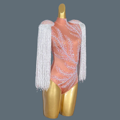 Luxury Rhinestones Pink Spandex Bodysuit Sexy Diamond Beaded Tassel Birthday Party Stage Show Leotard Singer Wear Jianzhangliusu