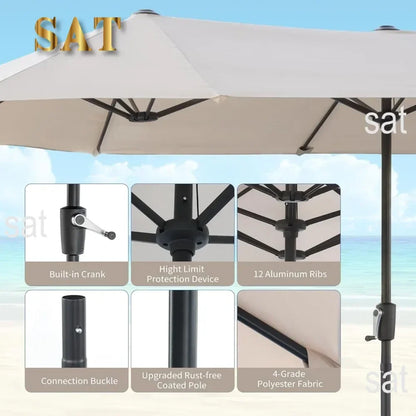 # l 13 foot large terrace umbrella, outdoor double-sided rectangular market umbrella with 12 ribs for UV protection, with a cran