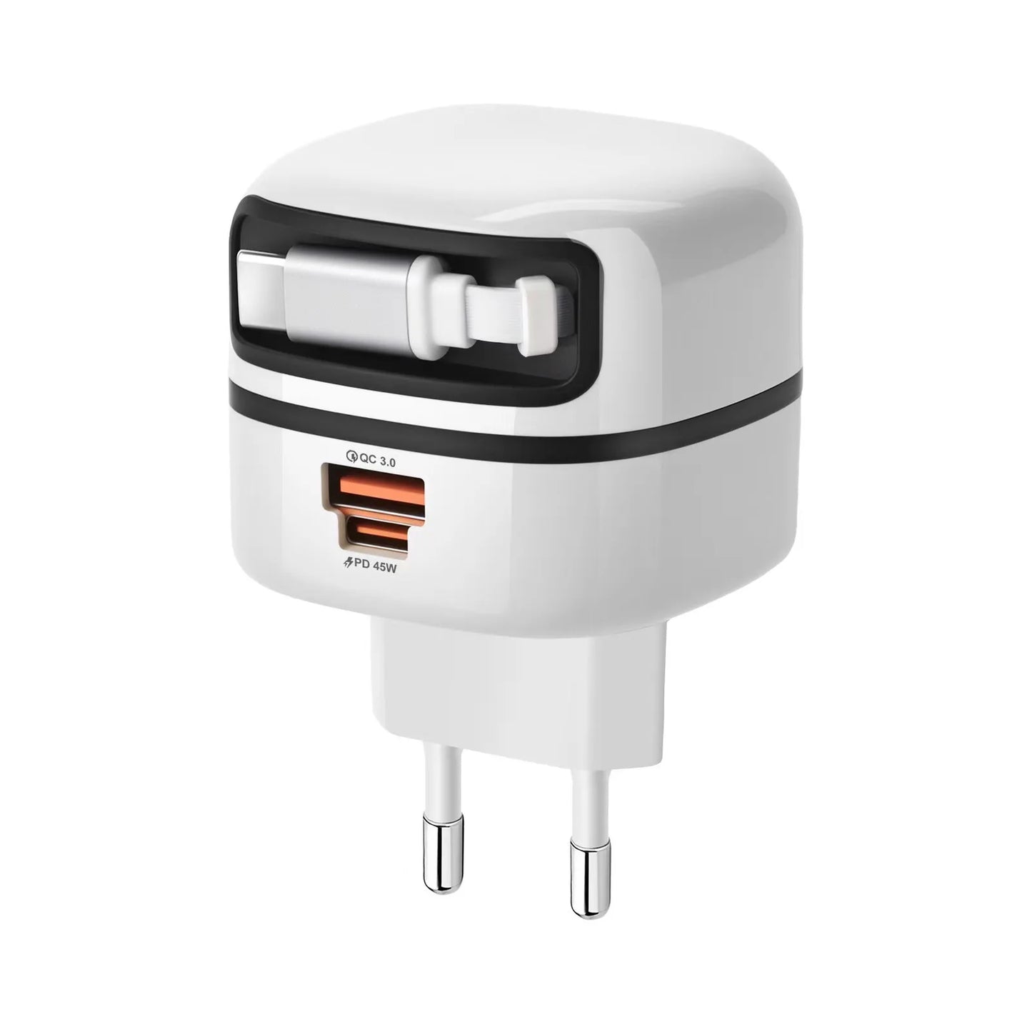 HAPPORIA 65W USB C Fast Charger Retractable Cable 3 Port Travel Adapter Foldable Plug PD Charger for iPhone 15 16 17 Samsung