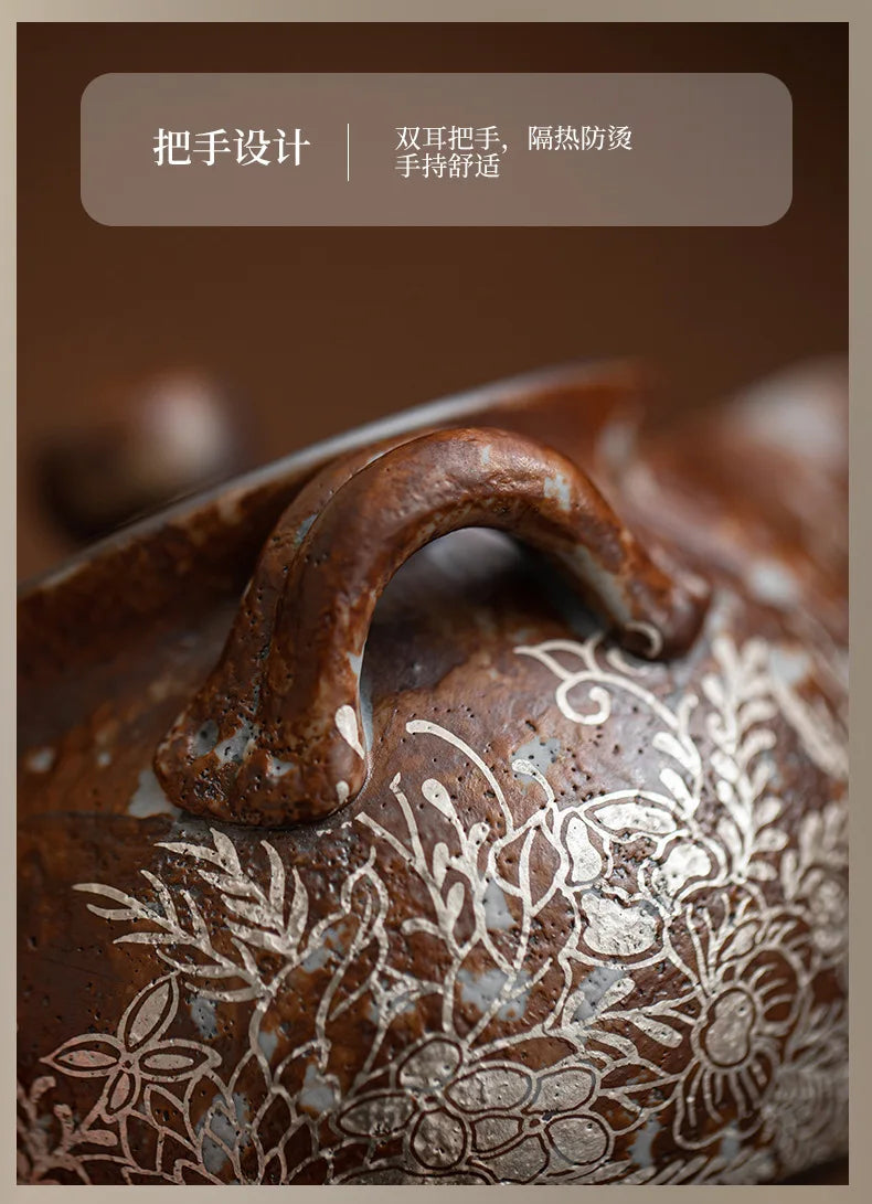 190ml Retro Flower Gilded Silver Hand Grasping Pot Old Rock Mud Treasure Bottle Pot Coarse Pottery Filter Kettle Kung Fu Teaset