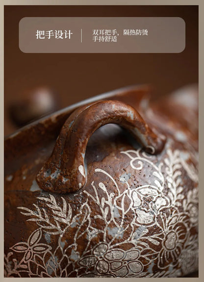 190ml Retro Flower Gilded Silver Hand Grasping Pot Old Rock Mud Treasure Bottle Pot Coarse Pottery Filter Kettle Kung Fu Teaset