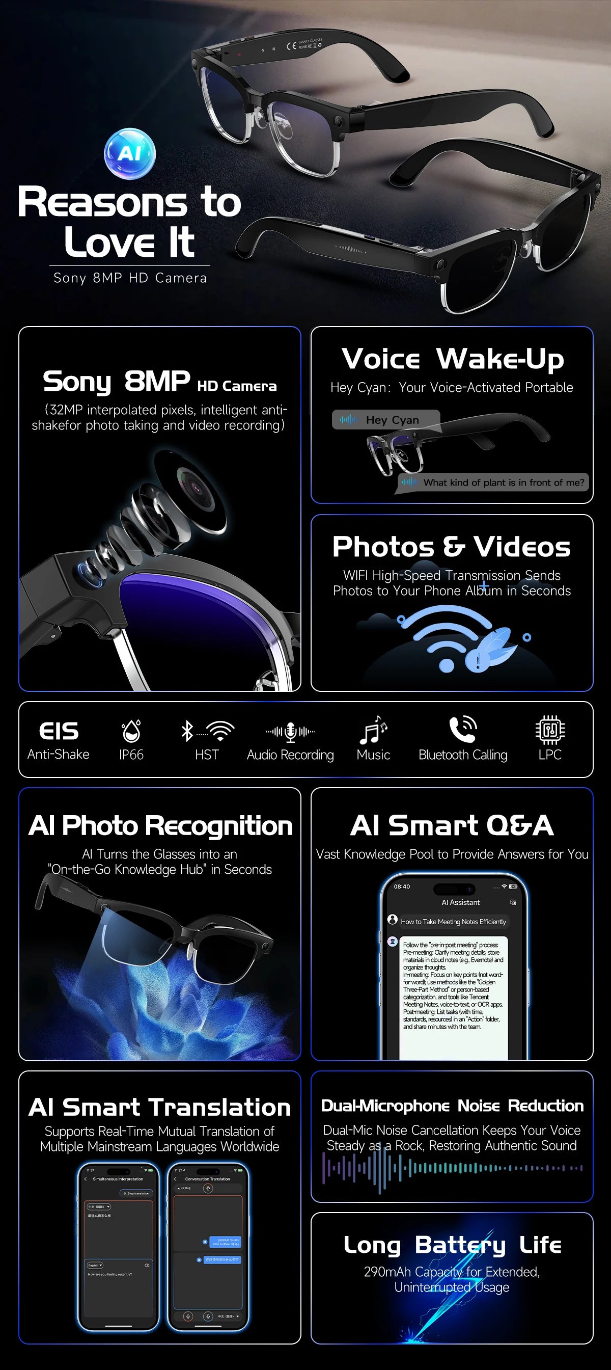 New 4k HD 800W Camera Smart Glasses Men 100+Language Translation 1080P shoot Video WIFI Transmission Music Player Call Glasses