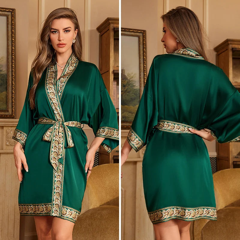 Navy Blue Print Flower Robe Nightgown Silk Satin Female Sleepwear Nightdress Spring Summer Loose Kimono Bathrobe Gown Home Wear