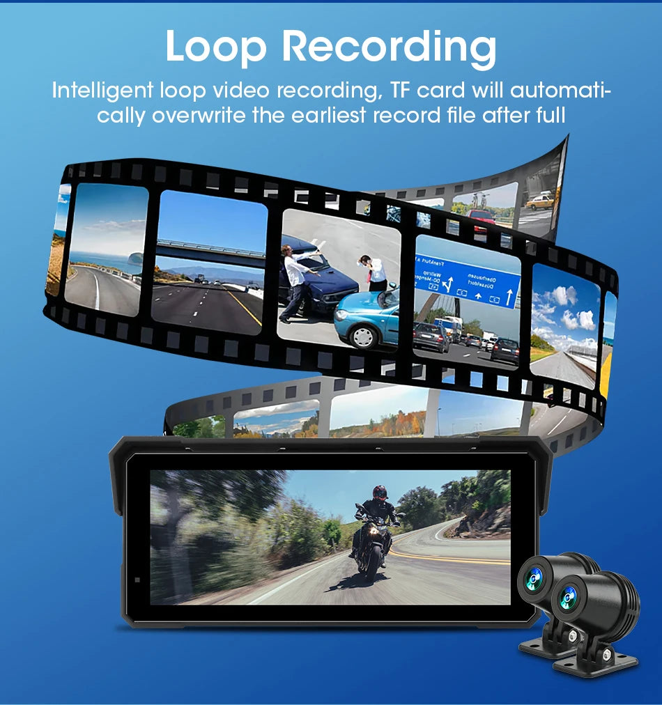 5/8.1 inch Motorcycle Carplay GPS Navigation Wireless Carplay Android Auto IPX7 Waterproof Support 4K+1080P Dual Lens DVR
