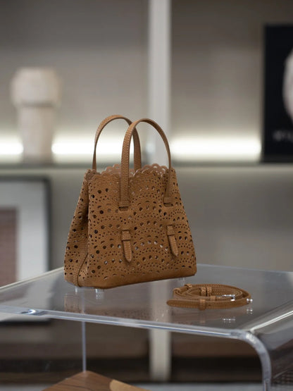 New Advanced Leather Tote Shopping Bag Wave Hollow out Basket Retro Suede Single Shoulder Slant Cross Mother Baby Bag