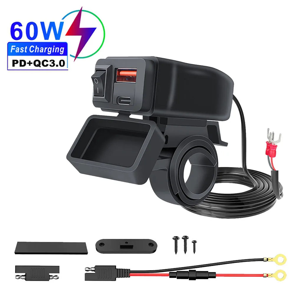 6.8A PD+QC3.0 Motorcycle Phone Charger Handlebar Dual USB Socket 60W Waterproof 12V Power Supply Adapter with Switch Voltmeter