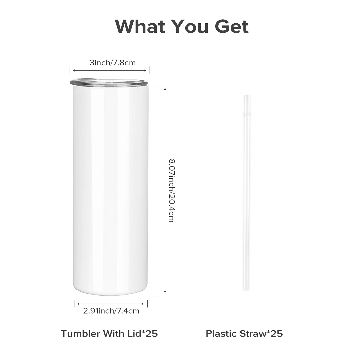 Sublimation Tumblers Blanks 20 oz 25 Pack Skinny Straight Tumblers Bulk Stainless Steel Insulated Sublimation Cups with Lid and