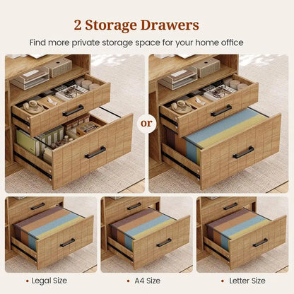 Large L-Shaped Office Desk with Storage, Power Outlets, and Lateral File Cabinet in Oak Finish