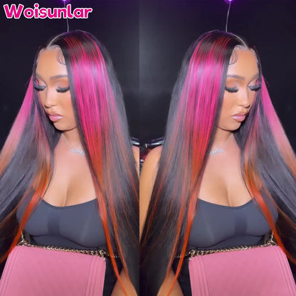 Highlight Pink Yellow and Black Lace Front Human Hair Wigs Straight 200% For Women 13x6 13x4 Transparent Lace Human Hair Wig 100
