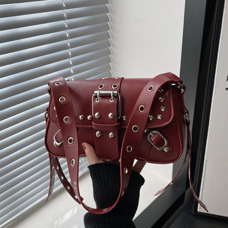 Shoulder Bag for Women Pink Underarm Bags PU Leather Crescent Bags with Rivet Small Y2k Purses Trendy Armpit Purse