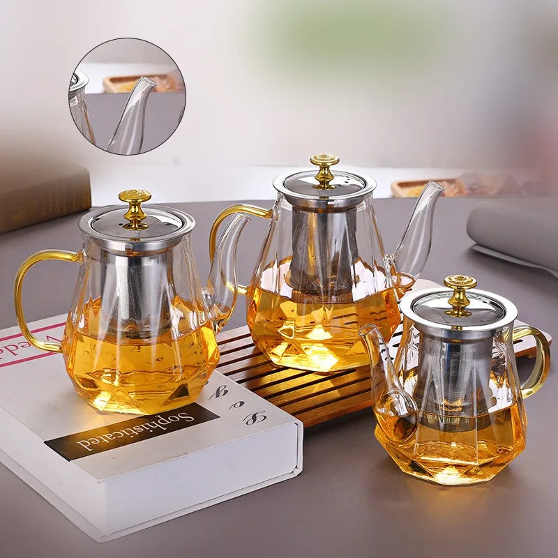 JUSTINLAU Glass Teapot Heat Resistant Borosilicate Clear Diamond Tea Kettles with Removable Stainless Steel Infuser Teaware Set