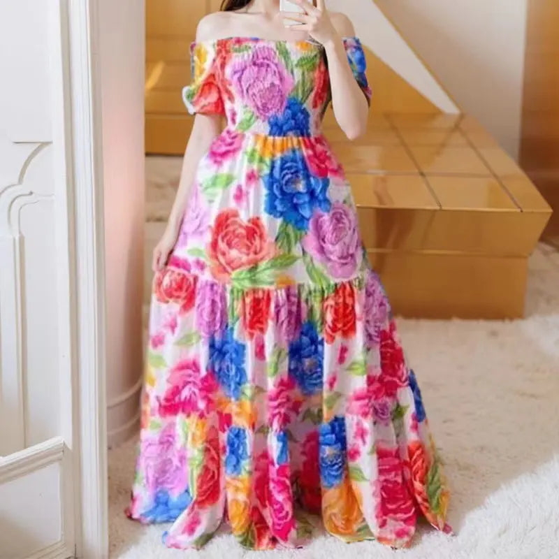 Summer Dresses for Women Print Off Shoulder Broken Flower Open Shoulder Long Dress Streetwear
