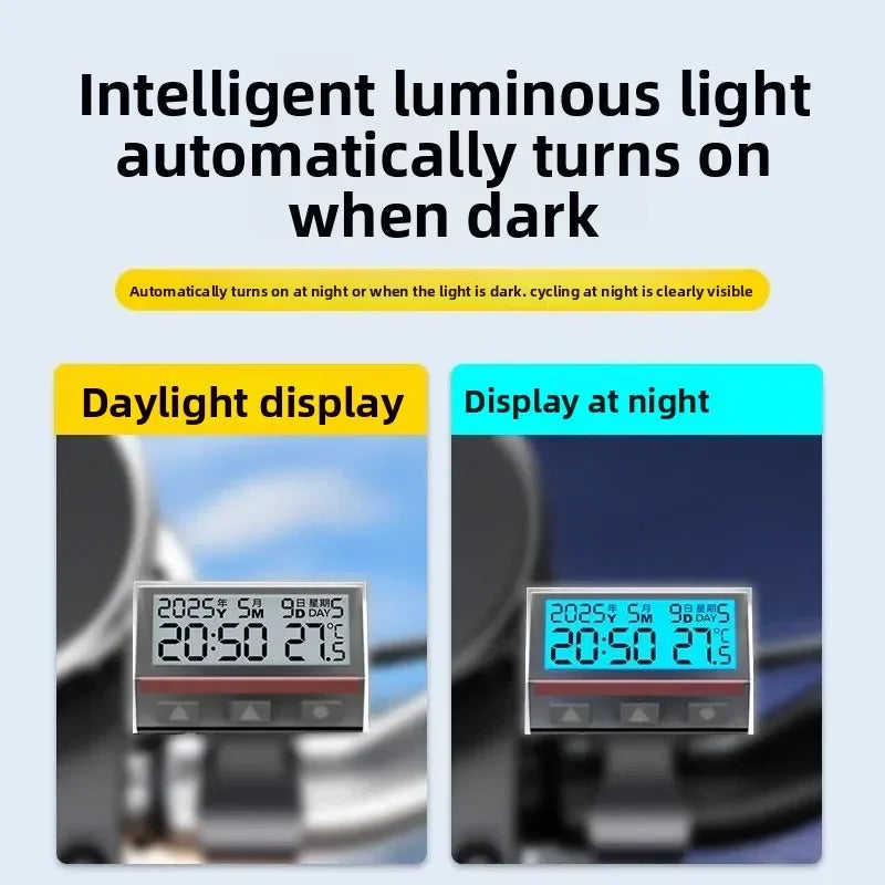 Solar Motorcycle Digital Clock with Date Week Temperature LCD Backlit Display Waterproof Thermometer with Motorcycle Stand
