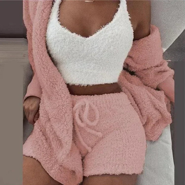 2026 New Women's Velvet Pajamas Set Sexy Crop Top+Shorts+Coat 3 Pieces Suit Sleepwear Casual Soft Clothes Homewear Pyjamas S-3XL