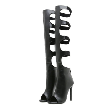 Liyke Sexy Peep Toe Zip Hollow Out Thigh High Boots Women Ballroom Latin Modern Tango Jazz Dancing Shoes Stiletto Heels Black
