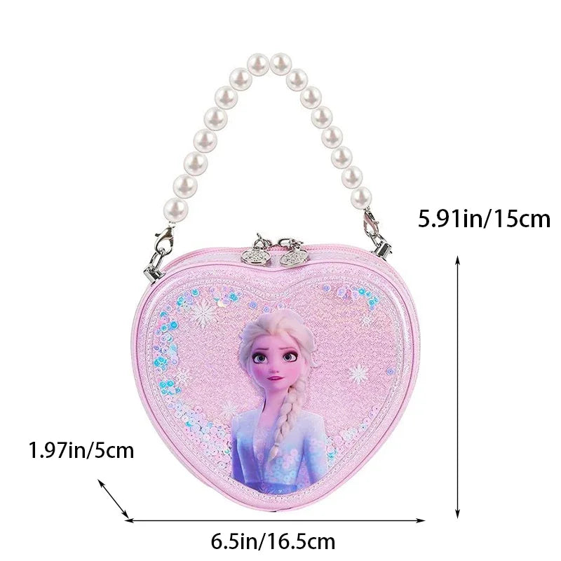 Disney Elsa Shoulder Bag Shiny Quicksand Pearl Handbag Heart-shaped Crossbody Bag For Girls Gifts