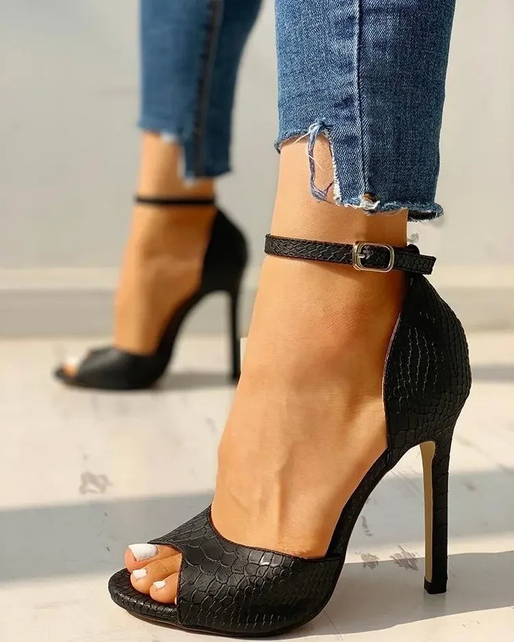 Dress Wedding Shoes Women Ankle Strap Peep Toe High Heel Sandals Sexy White Super High Heels Buckle Snake Pattern Woman Pumps