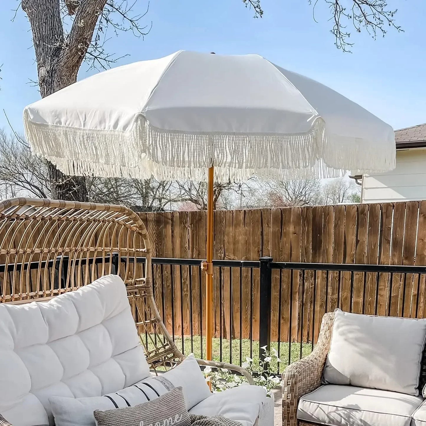 #For 7ft Patio Umbrella with Fringe Outdoor Tassel Umbrella UPF50+ Premium Steel Pole and Ribs Push Button Tilt,  Gazebo&