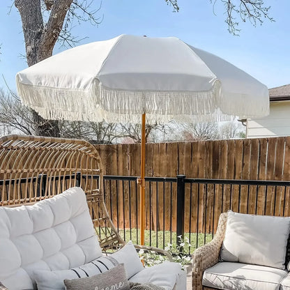 #For 7ft Patio Umbrella with Fringe Outdoor Tassel Umbrella UPF50+ Premium Steel Pole and Ribs Push Button Tilt,  Gazebo&