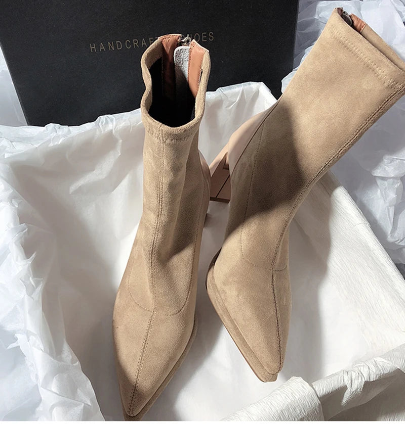 Square High Heel Women Ankle Boots Fashion Zippers Shoes Retro Style Autumn Winter Pointed Toe Ladies Dancing Party Prom Shoes