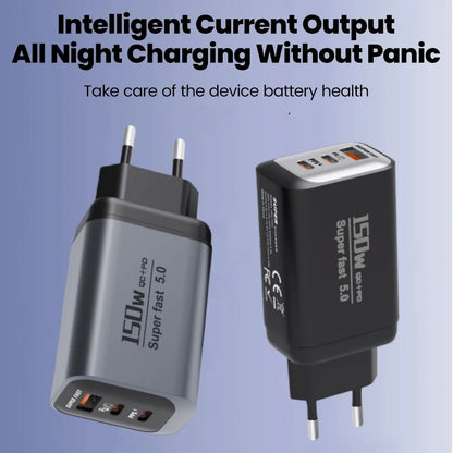 USB Type C 150W Charger USB QC3.0 Fast Charging Mobile Phone Charger Travel Adapter For iPhone 17 Samsung Xiaomi EU/UK/US Plug