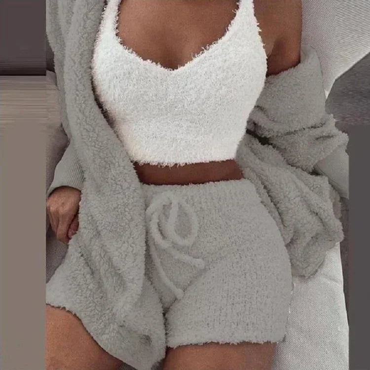 2026 New Women's Velvet Pajamas Set Sexy Crop Top+Shorts+Coat 3 Pieces Suit Sleepwear Casual Soft Clothes Homewear Pyjamas S-3XL