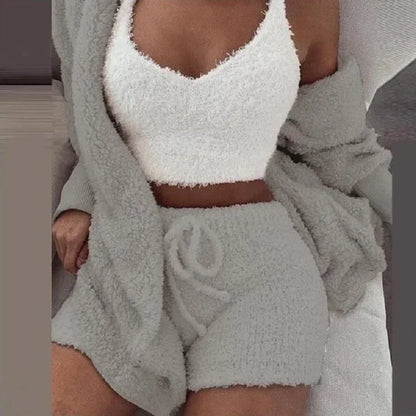 2026 New Women's Velvet Pajamas Set Sexy Crop Top+Shorts+Coat 3 Pieces Suit Sleepwear Casual Soft Clothes Homewear Pyjamas S-3XL