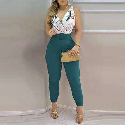 Summer Women Jumpsuits Elegant Office Lady Sexy V-neck Sleeveless Print Jumpsuits New Fashion With Belt Vest Playsuit Streetwear