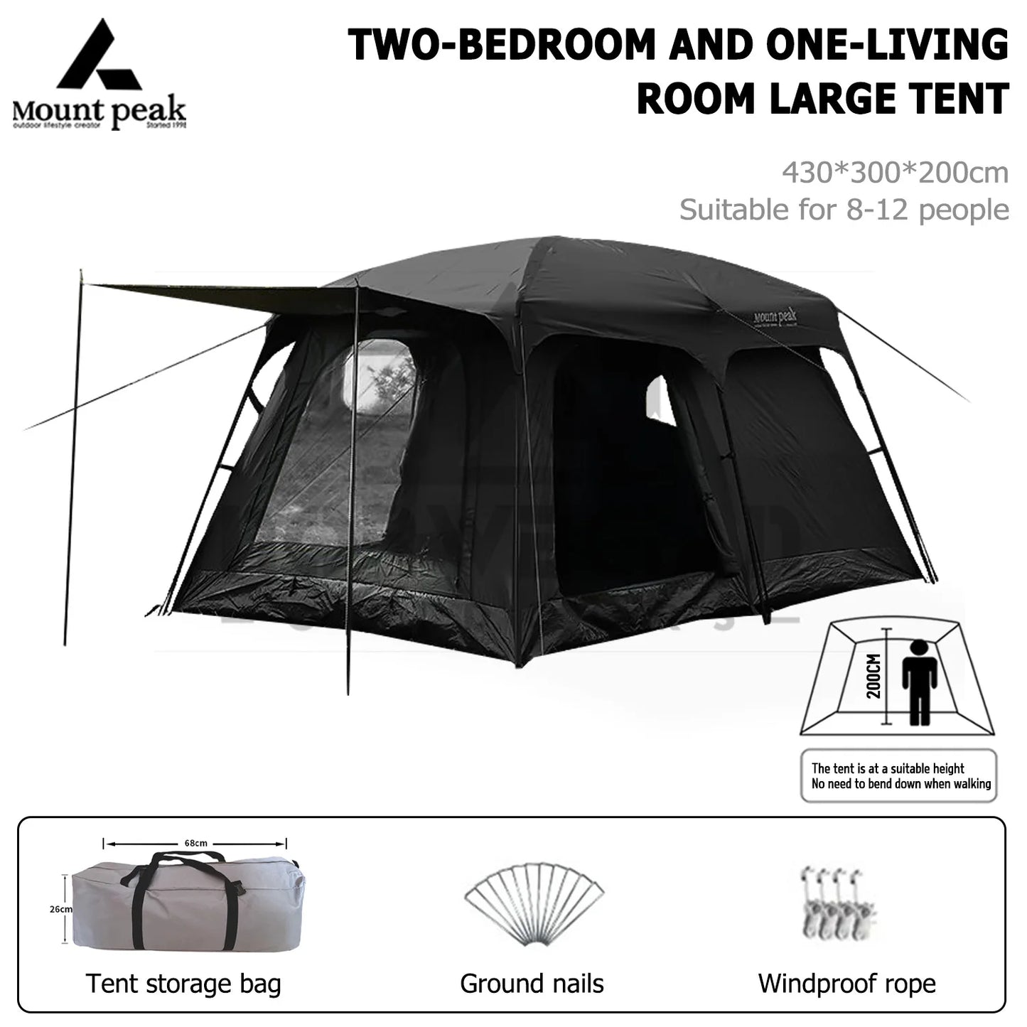 Mount Peak offers two-bedroom tents that can accommodate 5-8 people, and outdoor camping park family tents with sunshades.