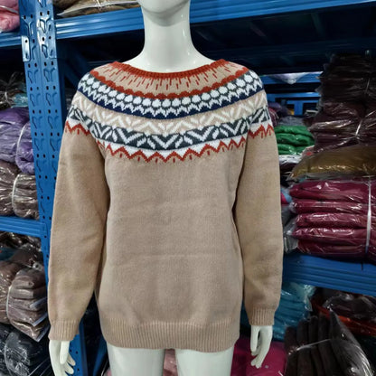 2025 Spring Knitted Women Sweater Print O-neck Long Sleeve Casual Loose Sweaters Female Winter Elegant Trendy Ladies Clothes