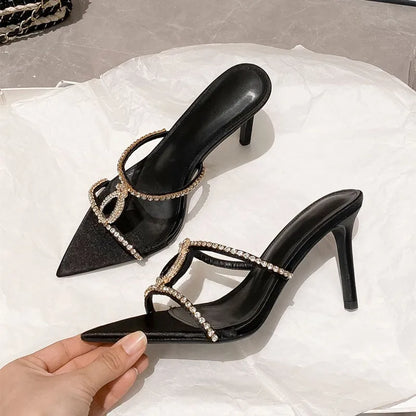 Luxury Rhinestones Gem Narrow band Women Slipper Sandals Elegant Pointed toe Thin High heels Mules Slides Fashion Party Shoes
