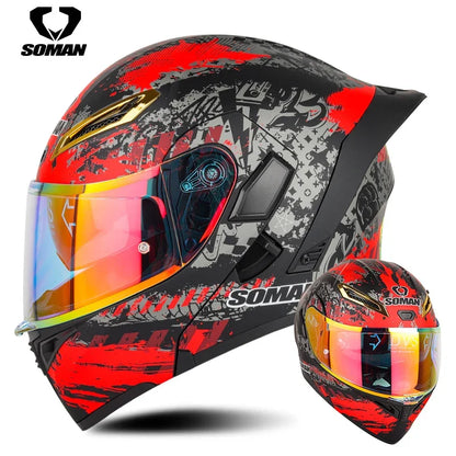 SOMAN Full Face Helmet Dual Lens Flip Up Motorcycle Helmets Casco Accessories Men Women Casque Moto Racing DOT Approved Visor