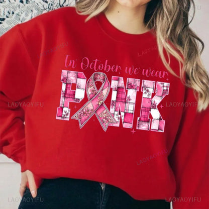 In October We Wear Pink Clothing Composite Creativity Pink Ribbon Tops Breast Cancer Women Modern and Trendy Streetwear Apparel