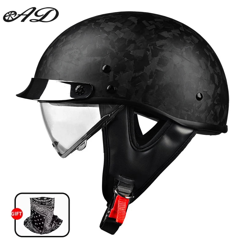    Best Seller Carbon Fiber Retro Motorcycle Half Face Helmet with Comfortable Lining Protective Goggles Helmet Factory Wholesale