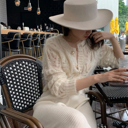 2025 French Style Mohair Cardigan Sweater Women Autumn Sexy Hollow Out Short Knitted Coats Mujer Y2K Chic Design Streetwear Tops