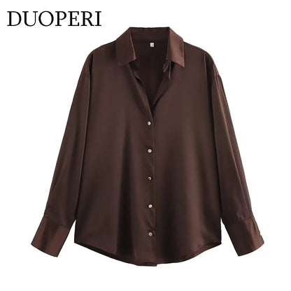 DUOPERI Women Fashion Satin Brown Blouse Lapel Neck Long Sleeves Vintage Female Chic Lady Shirts