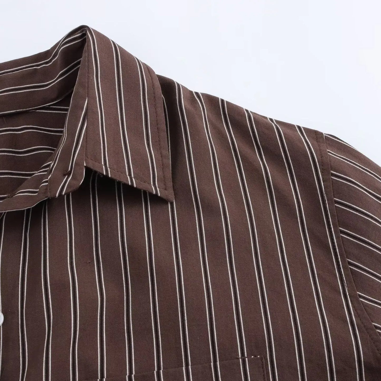 EDSA Women Brown Batwing Stripe Shirt Long Sleeves with Cuffs Patch Pockets Button-up Front for Office Lady Blouse