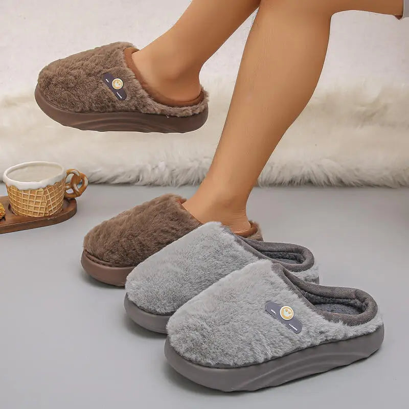 Thick Sole Plush Winter Slippers for Women Indoor House Chunky Platform Fluffy Slippers Woman Non Slip Warm Couples Cotton Shoes